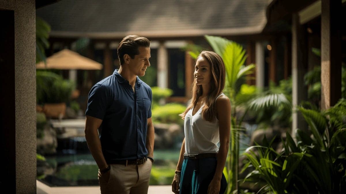 A couple stayed in a luxury villa with lush garden